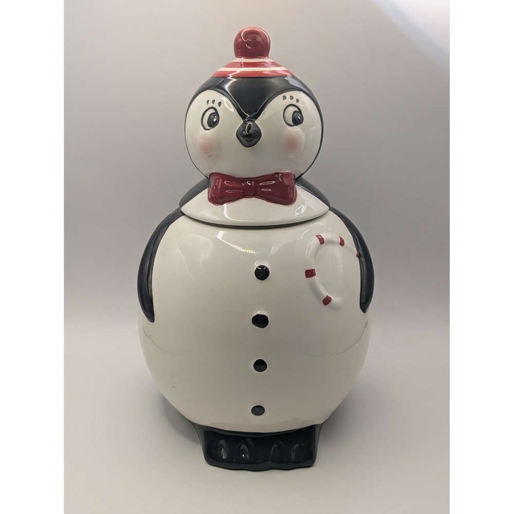 Johanna Parker‎ Carnival Cottage Penguin Christmas Cookie Jar Canister Snug Lid
